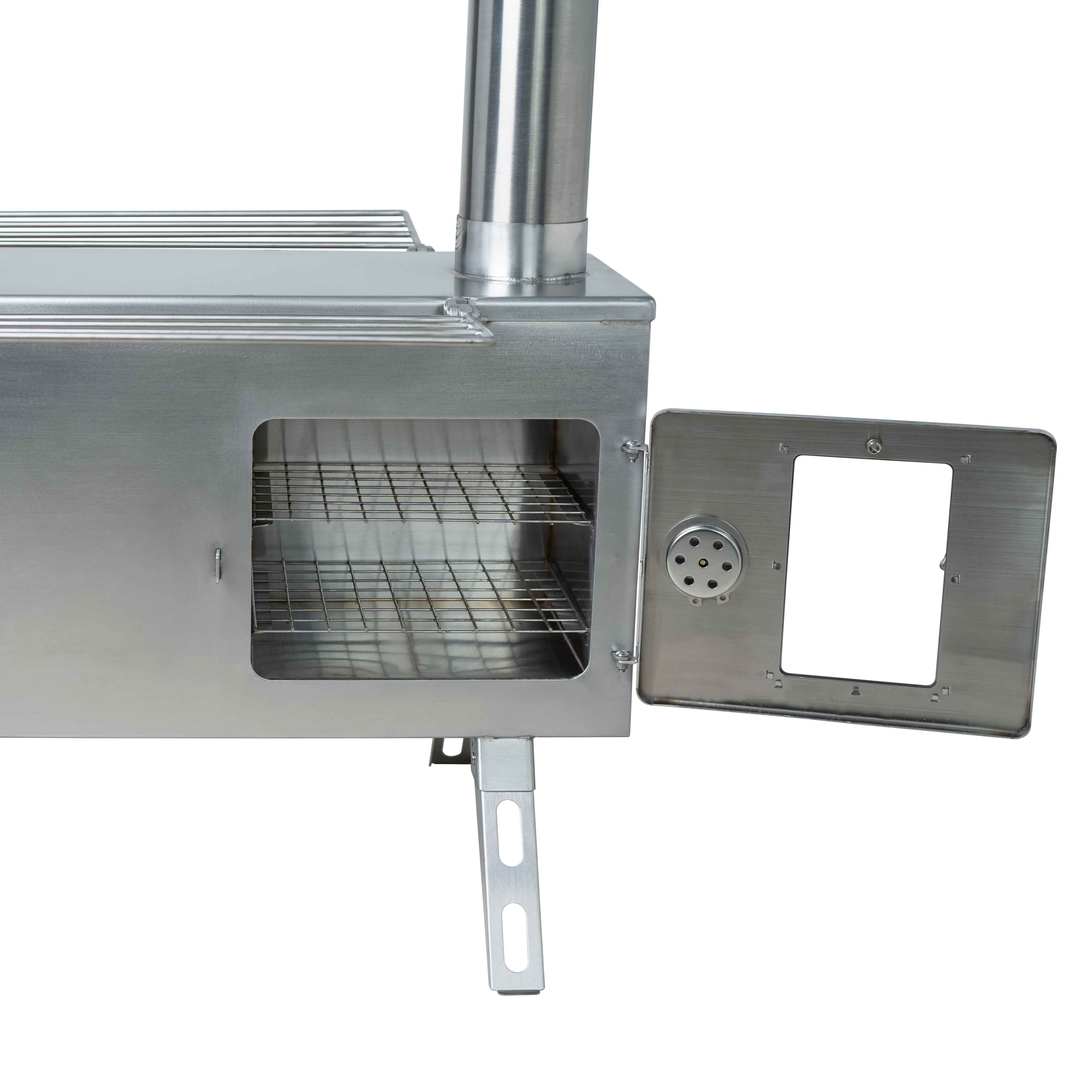 Winnerwell® Ovenstove Camping Stove with oven compartment open, showcasing stainless - steel interior racks. Ideal for baking bread, roasting, etc., during outdoor camping, combining stove and oven functions in a portable design.