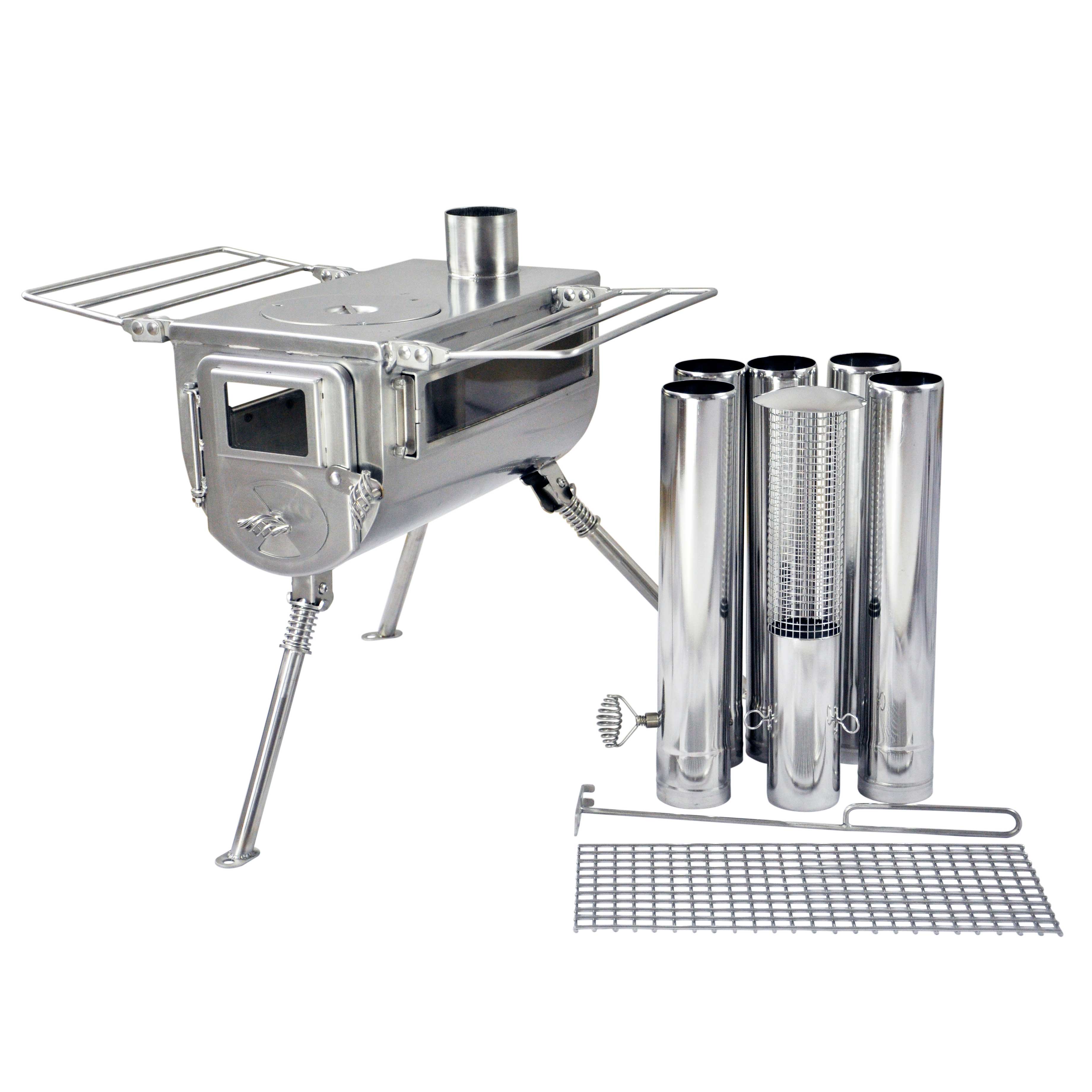 Winnerwell® Woodlander Double View 1G Cook Camping Stove full kit—stainless steel body, double-view fire windows, and detachable chimney. Ideal for portable outdoor cooking, with dual glass windows to monitor flames safely.