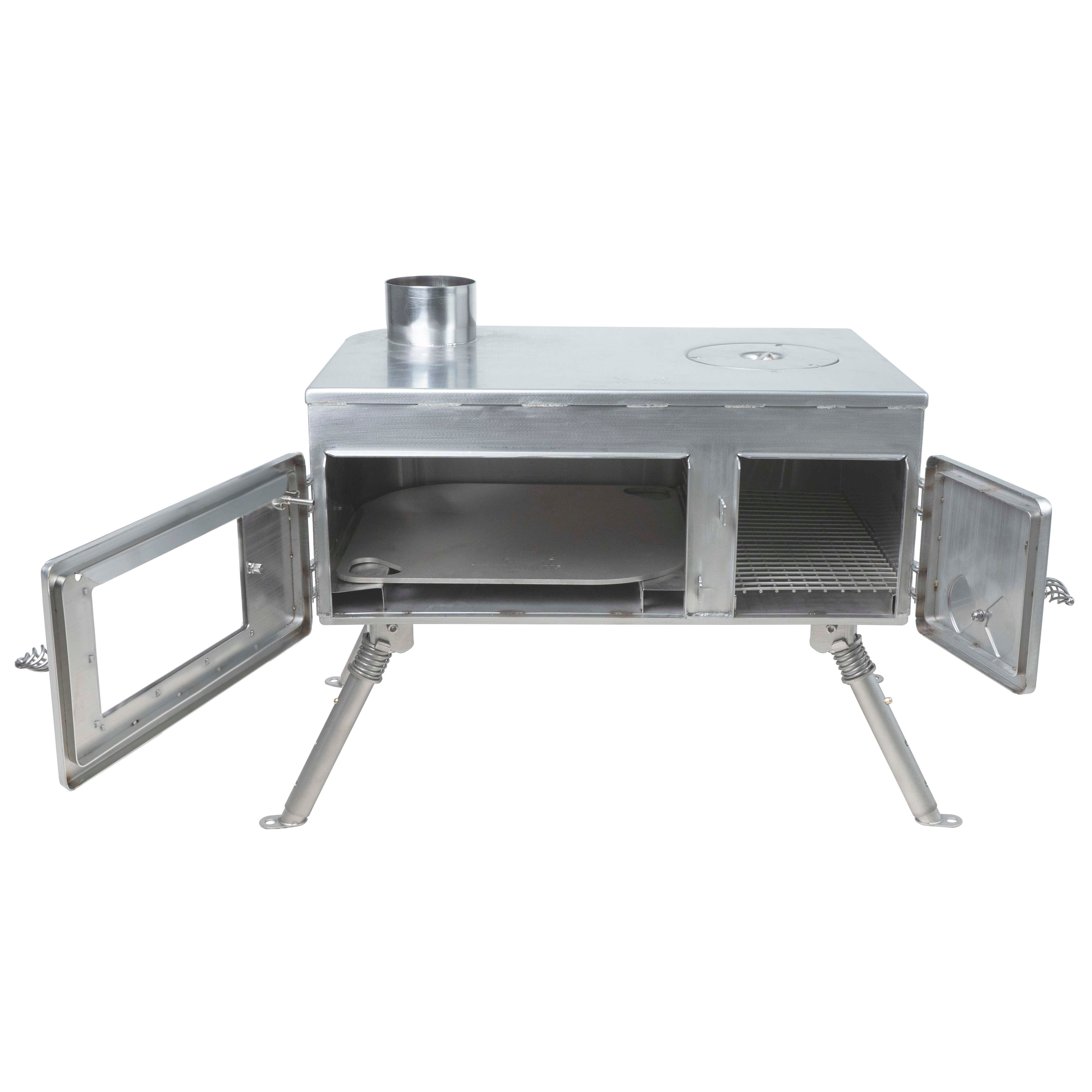Open - door view of Winnerwell® Woodlander Pizza Oven Stove—stainless steel interior showcases its durable, easy - to - clean construction. The dual chambers (pizza stone and cooking rack) highlight its versatility for baking, grilling, and outdoor cooking adventures.
